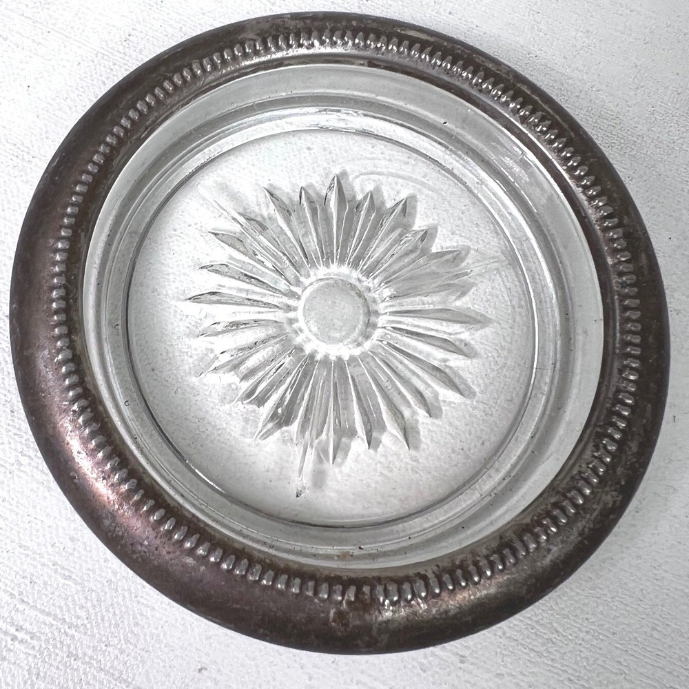Vintage Coaster Glass‎ Starburst Silver Plated Barware Drink Coaster